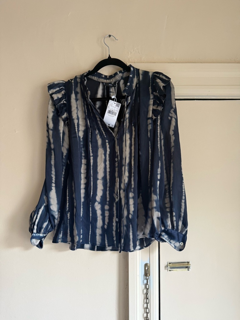 Mango Navy and Cream Tie-Dye Ruffle Shoulder Button-Up Blouse